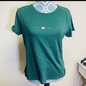 Tommy Hilfiger Shirt Womens Small S Green Blue Graphic Tee Short Sleeve Adult TH